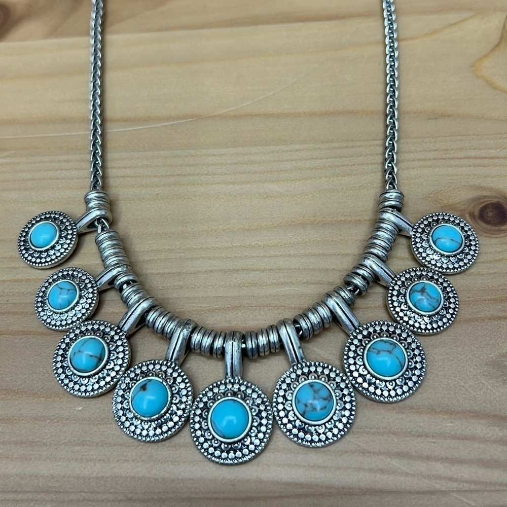 Lucky Brand Necklace and Bracelet 17”+2” Ext Silver Tone with Faux Turquoise